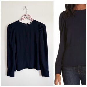 LEWIT Navy Night Crepe Peplum Blue Blouse Top Shirt! S Small